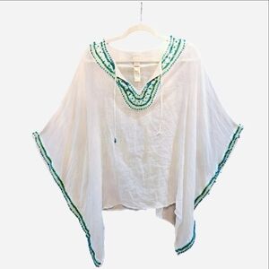 Chicos White Beaded Boho Kimono Kaftan Wide Sleeve Top One Size
